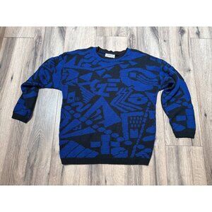 Vintage Domani Blue & Black Abstract Pattern Sweater Grandpa Academia Made In US